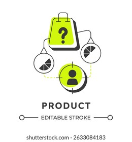Product modern linear concept icon. Target audience, customer. Business strategy. Market research, advertisement. Flat outline elements connected with dotted lines. Creative visual. Easy to edit