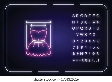 Product with neon light icon. Outer glowing effect. Measuring clothing size, bespoke dress tailoring parameters sign with alphabet, numbers and symbols.Vector isolated RGB color illustration