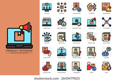 Product offering colored icons set. contain affiliate, ai model, notification, chatbot, email, download and more. use for modern concept, print, UI, UX kit, web and app development. Vector EPS 10

