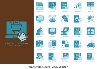 product offering dual tone color icons set. contain archive box, audio tool, chatbot, ai search, checkout and more. use for modern concept, print, UI, UX kit, web and app development. Vector EPS 10