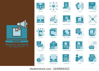 Product offering dual tone icons set. contain affiliate, ai model, notification, chatbot, email, download and more. use for modern concept, print, UI, UX kit, web and app development. Vector EPS 10