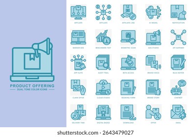 Product offering dual tone icons set. contain affiliate, ai model, notification, chatbot, email, download and more. use for modern concept, print, UI, UX kit, web and app development. Vector EPS 10

