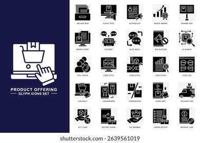 product offering glyph icons set. contain archive box, audio tool, chatbot, ai search, checkout, vip member and more. use for modern concept, print, UI, UX kit, web and app development. Vector EPS 10