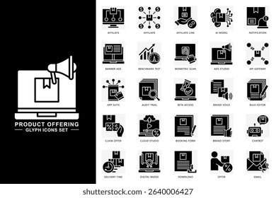 Product offering glyph icons set. contain affiliate, ai model, notification, chatbot, email, download and more. use for modern concept, print, UI, UX kit, web and app development. Vector EPS 10