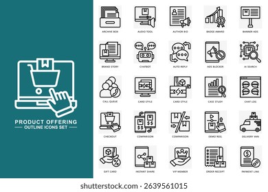 product offering outline icons set. contain archive box, audio tool, chatbot, ai search checkout, vip member and more. use for modern concept, print, UI, UX kit, web and app development. Vector EPS 10
