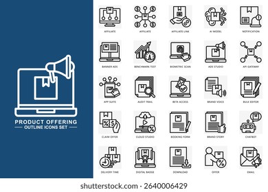 Product offering outline icons set. contain affiliate, ai model, notification, chatbot, email, download and more. use for modern concept, print, UI, UX kit, web and app development. Vector EPS 10