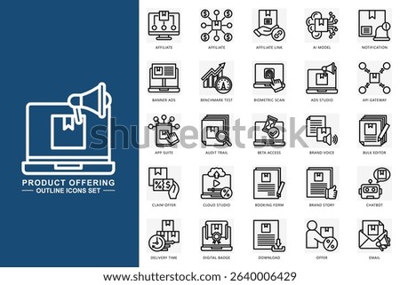 Product offering outline icons set. contain affiliate, ai model, notification, chatbot, email, download and more. use for modern concept, print, UI, UX kit, web and app development. Vector EPS 10