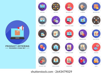 Product offering rounded icons set. contain affiliate, ai model, notification, chatbot, email, download and more. use for modern concept, print, UI, UX kit, web and app development. Vector EPS 10
