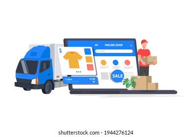 Product package boxes and shopping bag in cart with laptop computer which web store shop on screen for online shopping and delivery concept