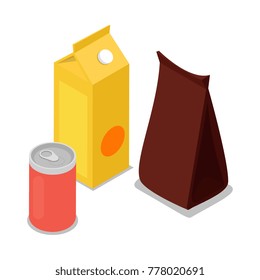 Icono 3D isométrico del paquete de producto. Símbolo supermercado de compra de alimentos, embalaje de productos aislado ilustración vectorial.