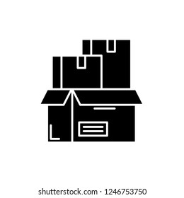 Product packaging black icon, vector sign on isolated background. Product packaging concept symbol, illustration 