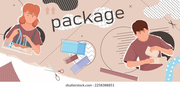 Product packaging composition with collage of flat elements doodle male and female characters with decorating materials vector illustration