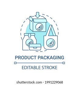 Icono de concepto de empaquetado de productos. Ilustración de línea delgada de idea abstracta de marca corporativa touchpoint. Diseñar, producir paquetes. Dibujo de color de contorno aislado del vector. Trazo editable