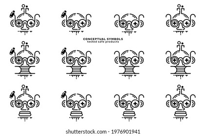 Product packaging concept. Labeling - laboratory tested. Scientific flask icon - laboratory assistant - medic with microscope - symbol of medical, laboratory, clinical research or checkup. Vector