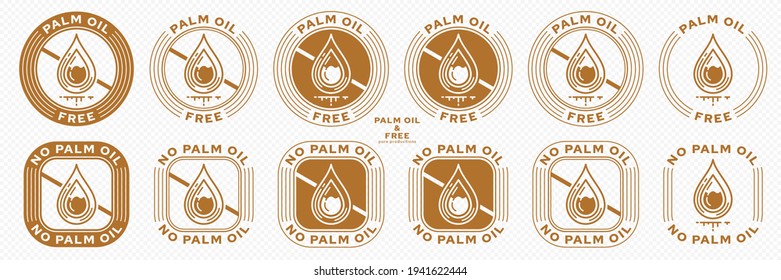 Product packaging concept. Labeling - no palm oil. Oily crossed palm drop with liquid ingredient line. Vector elements.