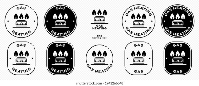 Product packaging concept. Marking - gas type of heating. Gas burner flat symbol with flame for kitchen utensils, accessories and household appliances. Vector elements.