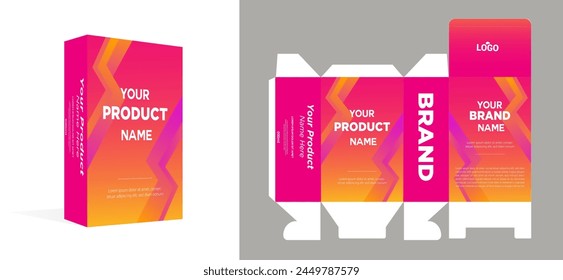 product packaging design template with 3d mockup example. Healthy, modern, milk gradient, Box packaging, labeling, die line, die-cut, alignment line vector eps.