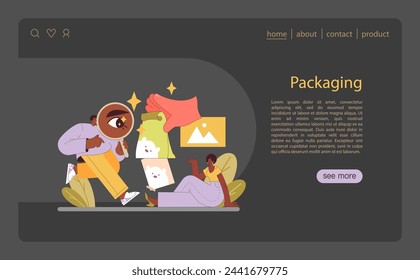 Product Packaging design. Zooming in on quality and branding details. Visual elements that attract and inform consumers. Flat vector illustration.
