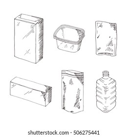 Product packaging engraving vector set. Mock up template food and drink packing. Hand drawn sketch, doodle. Blank objects plastic boxes, cans and bottles, cardboard and paper package.