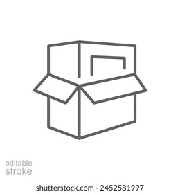 Icono de empaquetado de Producto. Estilo de contorno simple. Caja, paquete, cartón, cartón, distribución, paquete abierto, concepto de servicio de entrega. Símbolo de línea fina. Ilustración vectorial aislada. Trazo editable.