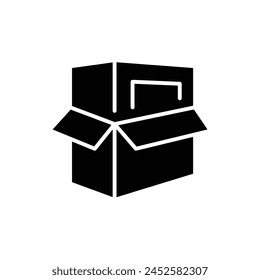 Product packaging icon. Simple solid style. Box, package, carton, cardboard, distribution, open package, delivery service concept. Black silhouette, glyph symbol. Vector illustration isolated.