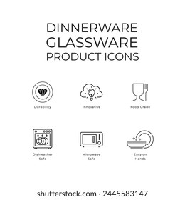 Product Packaging icons line art icons BPA free, water resistant, dish washer, innovative, premium, microwave safe, food grade, fast delivery, customer support 