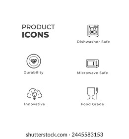 Product Packaging icons line art icons BPA free, water resistant, dish washer, innovative, premium, microwave safe, food grade, fast delivery, customer support 