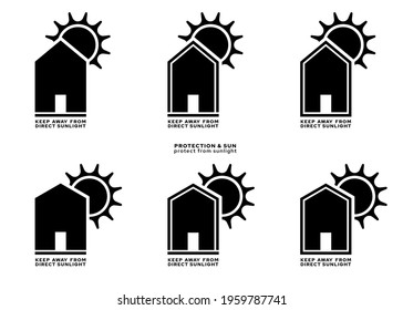 Product packaging labeling - keep away from direct sunlight. The sign of a house with a roof and the sun is a symbol of the prohibition of placing products under the sun. Vector elements.