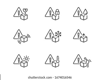 Product packaging line icons. Parcel box care, handling instructions and shipping mark guides.