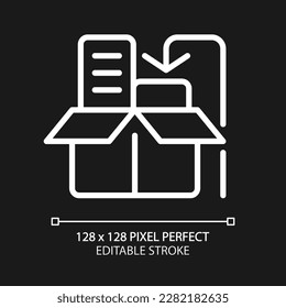 Paquetes de producto icono lineal blanco perfecto para el tema oscuro. Orden de empaque. Preparar mercancías para el transporte. Ilustración de línea delgada. Símbolo aislado para el modo nocturno. Trazo editable. Tipo de letra arial utilizado