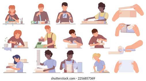 Product packaging set with isolated compositions of flat images with hands holding materials and human characters vector illustration