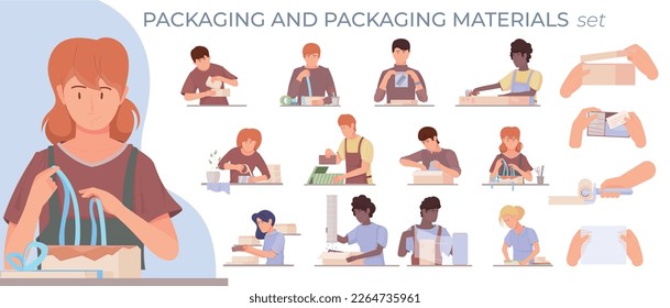Conjunto de empaques de productos compuestos aislados con cajas de tela de manos planas y dibujos de caracteres humanos de estilo doodle ilustración vectorial