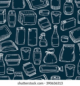 Product packaging Vector Seamless Pattern. Food and drink Packing. Hand Drawn doodle: cans and bottles, plastic boxes, cardboard and paper package blank objects