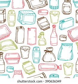 Product packaging Vector Seamless Pattern. Food and drink Packing. Hand Drawn doodle: cans and bottles, plastic boxes, cardboard and paper package blank objects