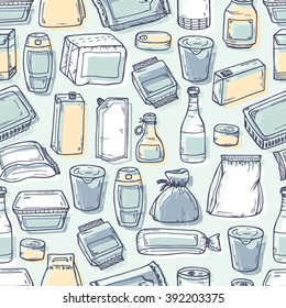 Product packaging Vector Seamless Pattern. Food and drink Packing. Hand Drawn doodle: cans and bottles, plastic boxes, cardboard and paper package blank objects