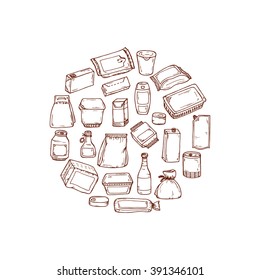 Product packaging Vector set. Food and drink Packing. Hand Drawn doodle: cans and bottles, plastic boxes, cardboard and paper package blank objects