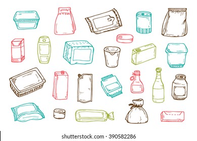 Product packaging Vector set. Mock Up Template Food and drink Packing. Hand Drawn doodle: cans and bottles, plastic boxes, cardboard and paper package blank objects