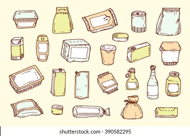 Product packaging Vector set. Mock Up Template Food and drink Packing. Hand Drawn doodle: cans and bottles, plastic boxes, cardboard and paper package blank objects