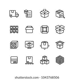 Product packing line icons. Box warehousing outline vector symbols. Delivery service packaging, thin line linear and outline box and container illustration