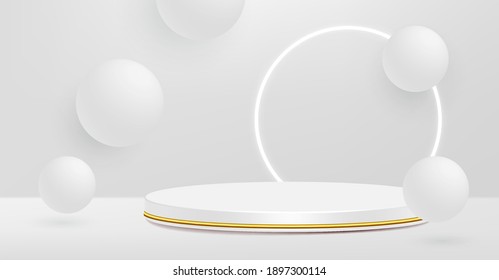 Product Pedestal, White And Gold, Cylinder Shape. 3D Vector Illustration