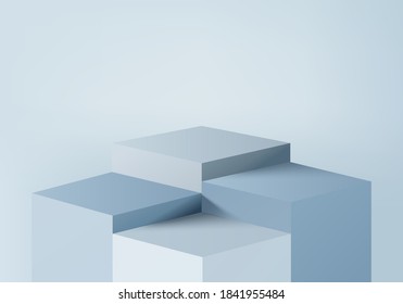 Product pedestals display minimal scene with geometric platform. pedestals background vector 3d rendering with podium. Product display show cosmetic products. Stage showcase on pedestal 3d studio blue