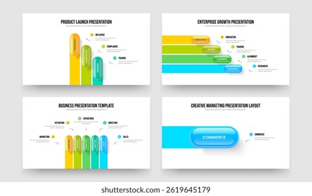 Desempenho do Produto 3 4 5 1 Etapa Diagrama Slideshow Modelo Coleção. Crescimento financeiro Três Quatro Cinco Uma Opção Infográfico Frame Design Vetor Illustration Set.