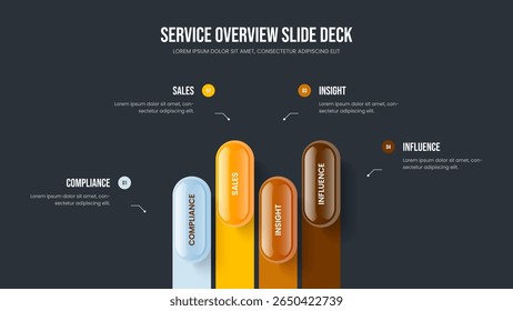 Product Performance Four Step Infographic Slideshow Layout. Corporate Plan 4 Element Diagram Presentation Design. Creative Analysis Slide Template Vector Illustration.