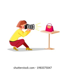 Product Photography Making Photographer Vector. Young Woman Make Product Photography On Photo Camera. Character Girl Photographing Female Bag On Digital Device Flat Cartoon Illustration