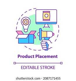 Symbol für Produktplatzierung Markenartikelstrategie. Implizite Werbeform. Eingebettetes Marketing abstrakte Idee dünne Linie Illustration. Vektorgrafik einzeln auf Umrissfarben. Bearbeitbarer Hub