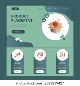Product placement flat landing page website template. Sensory marketing, cognitive, reward escalation. Web banner with header, content and footer. Vector illustration.