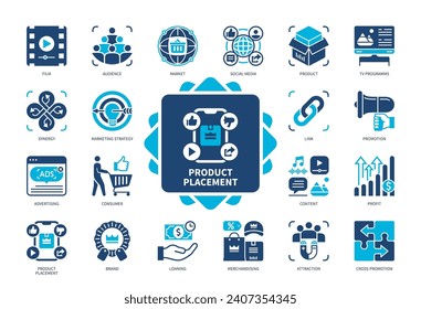 Symbol für die Produktplatzierung eingestellt. Marke, Werbung, Links, Film, Publikum, Fernsehprogramme, Cross Promotion, Synergie. Duotone-Farbsymbole