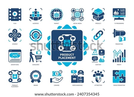 Product Placement icon set. Brand, Advertising, Links, Film, Audience, TV Programs, Cross Promotion, Synergy. Duotone color solid icons