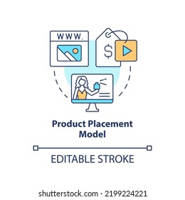 Product Placement Model Concept Icon. Brand Mention. Creator Business Model Abstract Idea Thin Line Illustration. Isolated Outline Drawing. Editable Stroke. Arial, Myriad Pro-Bold Fonts Used