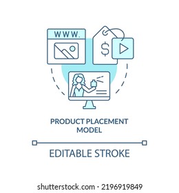 Product Placement Model Turquoise Concept Icon. Brand Mention. Creator Business Model Abstract Idea Thin Line Illustration. Isolated Outline Drawing. Editable Stroke. Arial, Myriad Pro-Bold Fonts Used